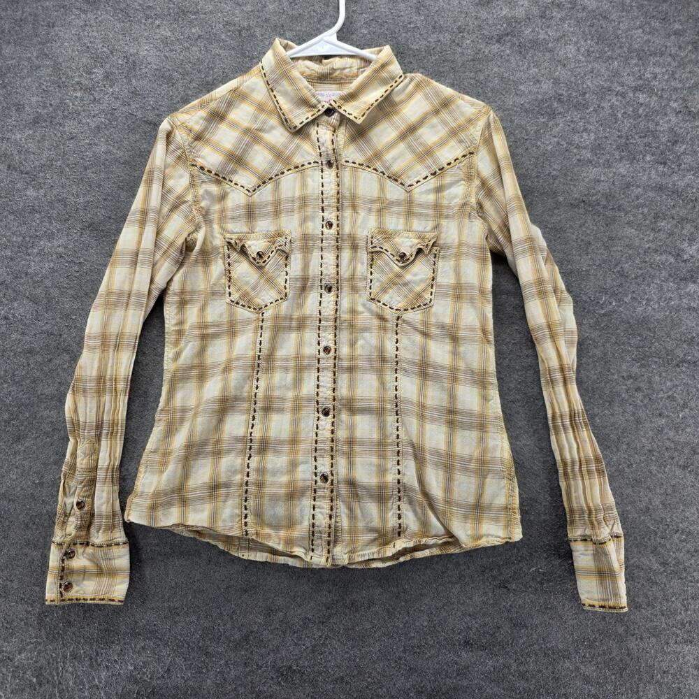 Panhandle Slim Button-Up Womens M Beige Plaid Embroidered Long Sleeve Pockets